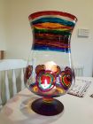 large stemmed glass lantern with chakra stripes and hearts painted with Reiki love &amp; healing