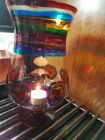 large stemmed glass lantern with chakra stripes and hearts painted with Reiki love &amp; healing