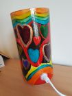 hearts and swirls hand painted glass lamp corrded painted with Reiki love and chakra colours